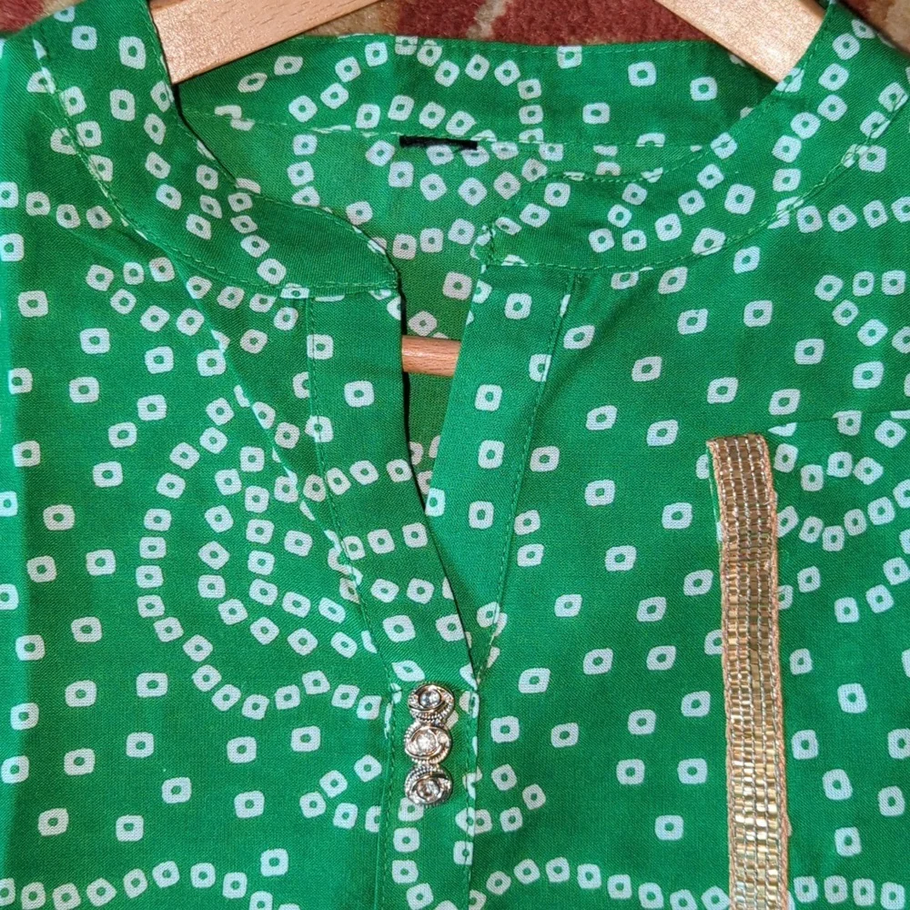 💚 New Grass Green White Gold Trim Kurta Dress M Tunic Party - Picture 15 of 16